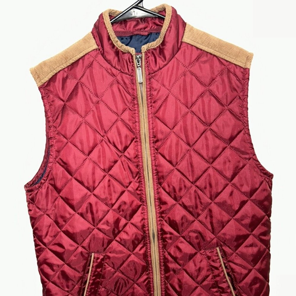 Alan Flusser Mens L Large Burgundy & Tan Quilted Polyester Puffer Vest Jacket